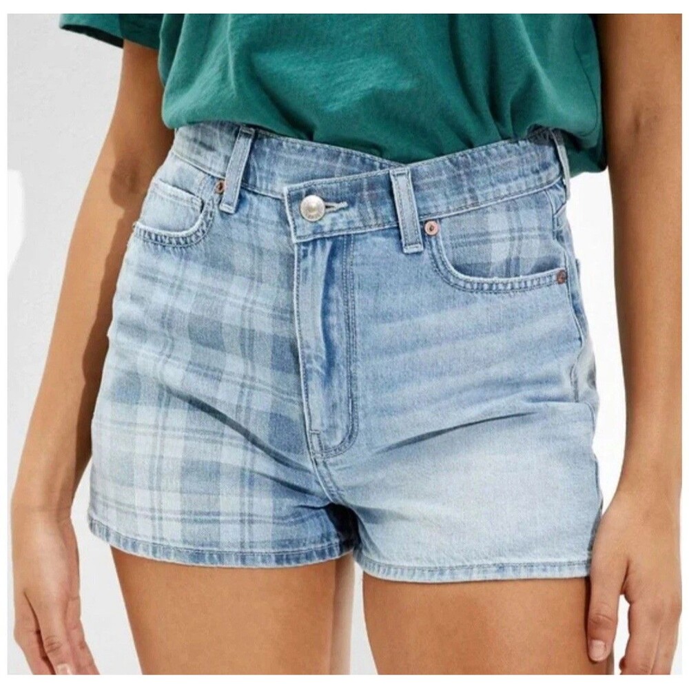 American Eagle Highest Rise Mom Shorts Crossover Waist Plaid Denim Women Size 0